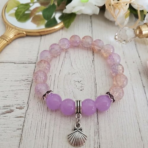 Bracelet fil élastique perles en verre lilas et craquelé