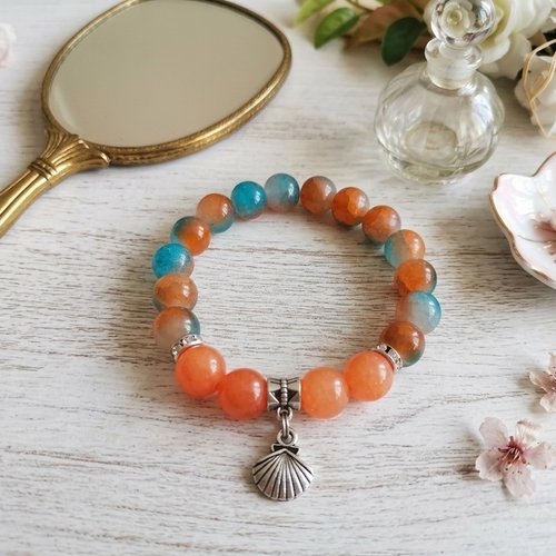 Bracelet fil élastique perles en verre orange et bleu