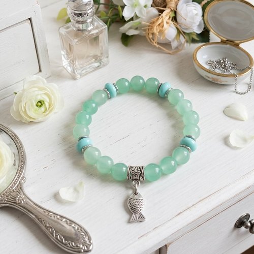 Bracelet fil élastique perles en verre imitation jade