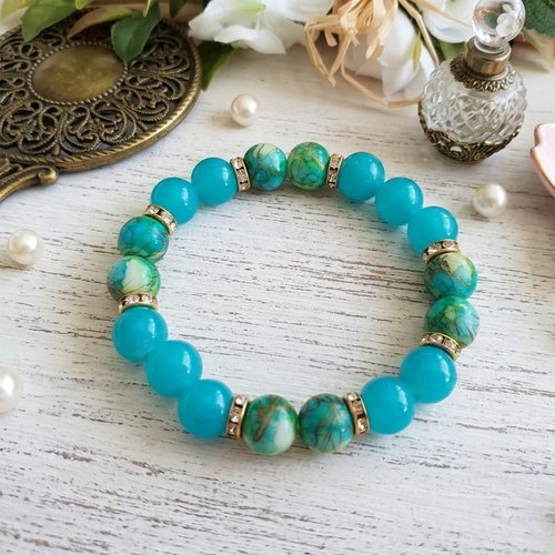 Bracelet perles en verre imitation jade turquoise et tréfilé