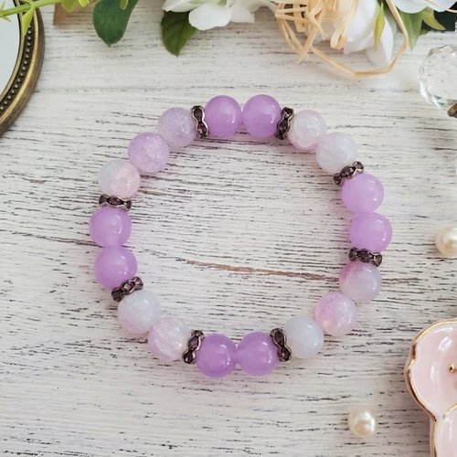 Bracelet perles en verre imitation jade lilas et mauve craquelé