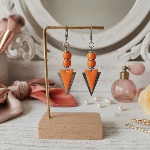 Boucles d'oreilles acier inoxydable pendentif triangle métal et émail