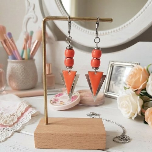 Boucles d'oreilles acier inoxydable pendentif triangle métal et émail