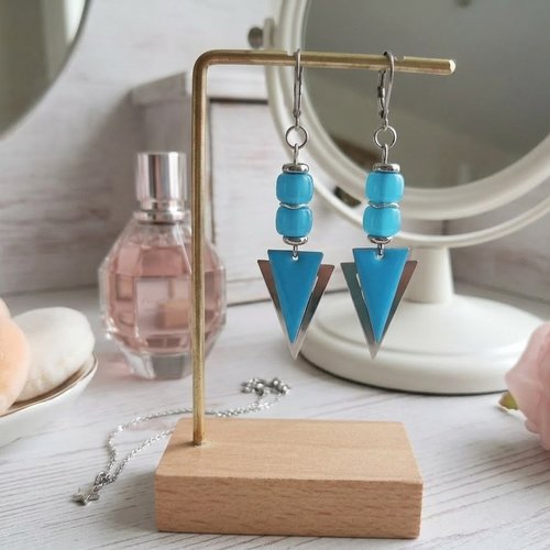 Boucles d'oreilles acier inoxydable pendentif triangle métal et émail