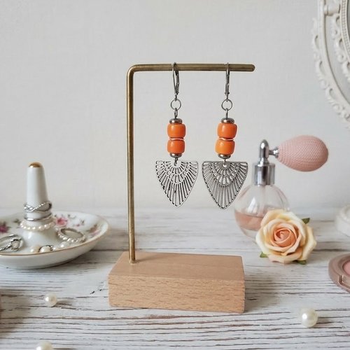 Boucles d'oreilles acier inoxydable, pendentif ail et perles colonnes