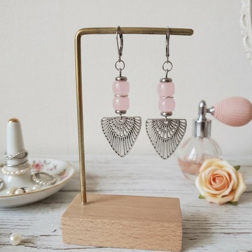 Boucles d'oreilles acier inoxydable, pendentif ail et perles colonnes
