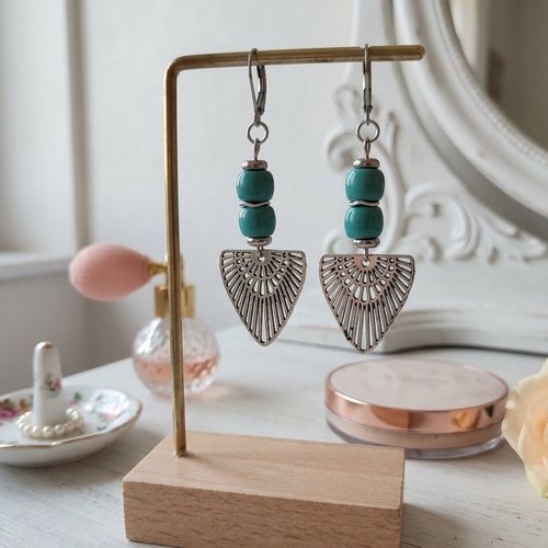 Boucles d'oreilles acier inoxydable, pendentif ail et perles colonnes