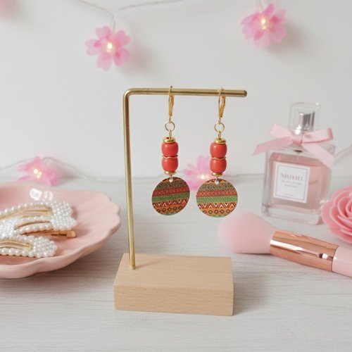 Boucles d'oreilles acier inoxydable doré et pendentif imprimé