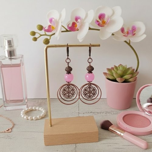 Boucles d'oreilles perles imitation jade et apprêts cuivre rouge