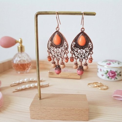 Boucles d'oreilles pendentif or rose et perles en verre