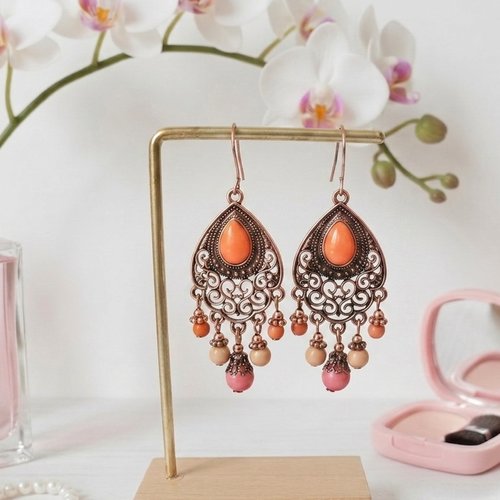 Boucles d'oreilles pendentif or rose et perles en verre