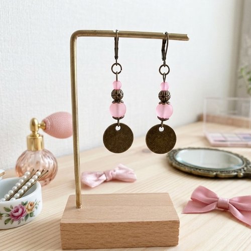 Boucles d'oreilles pendentif métal et perles en verre givrées