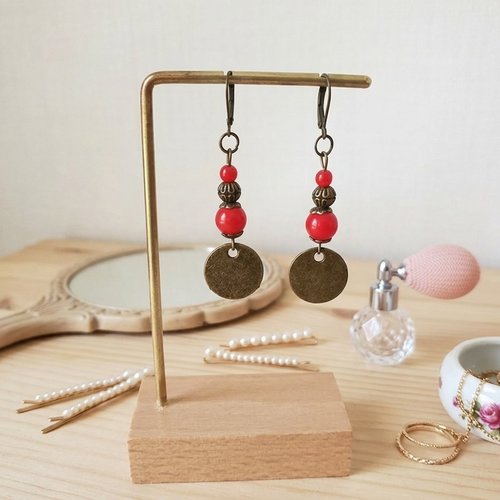 Boucles d'oreilles pendentif métal et perles en verre imitation jade