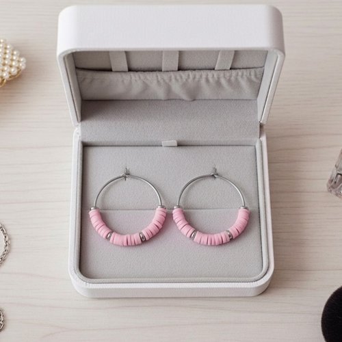 Boucles d'oreilles créoles acier inoxydable et perles heishi