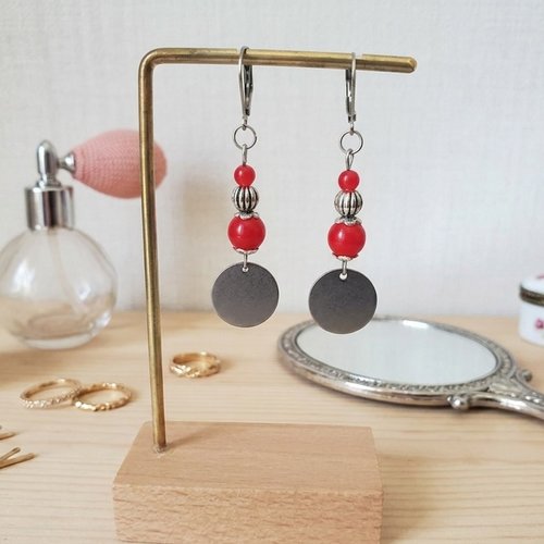 Boucles d'oreilles acier inoxydable, pendentif rond et perles
