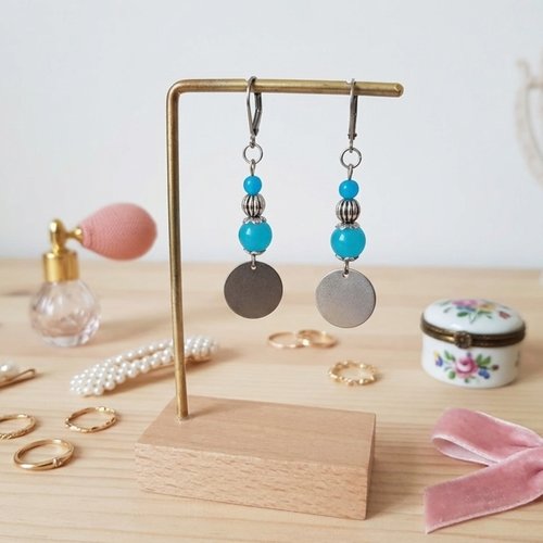 Boucles d'oreilles acier inoxydable, pendentif rond et perles