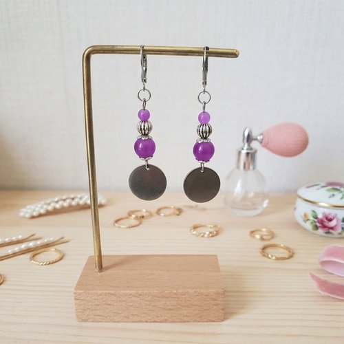 Boucles d'oreilles acier inoxydable, pendentif rond et perles