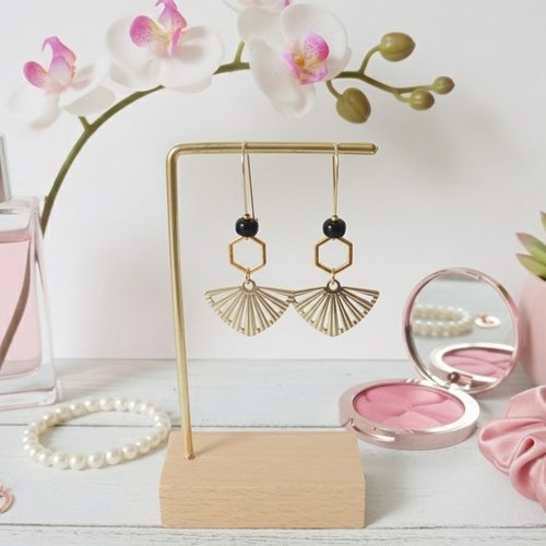 Boucles d'oreilles acier inoxydable doré et pendentif éventail