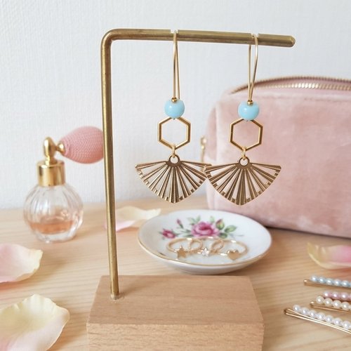 Boucles d'oreilles acier inoxydable doré et pendentif éventail