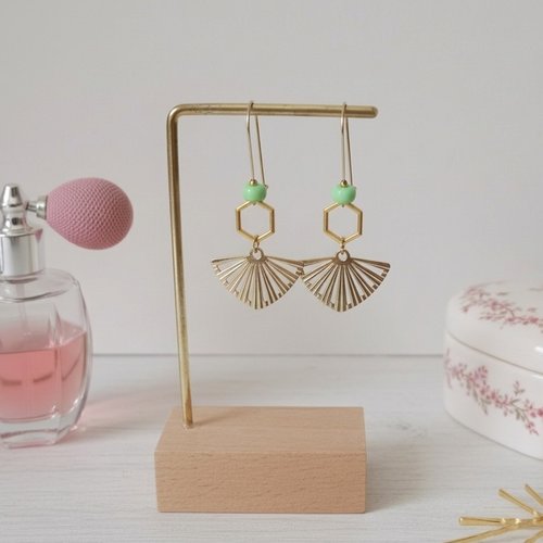 Boucles d'oreilles acier inoxydable doré et pendentif éventail