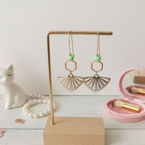 Boucles d'oreilles acier inoxydable doré et pendentif éventail