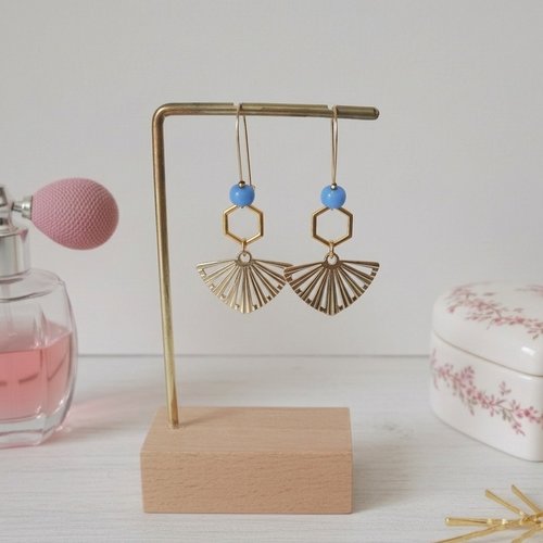 Boucles d'oreilles acier inoxydable doré et pendentif éventail