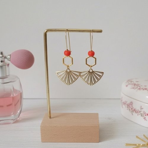 Boucles d'oreilles acier inoxydable doré et pendentif éventail