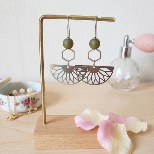 Boucles d'oreilles acier inoxydable doré et pendentif éventail