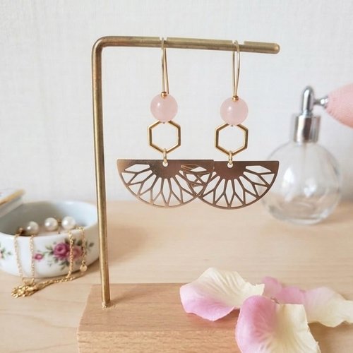 Boucles d'oreilles acier inoxydable doré et pendentif éventail