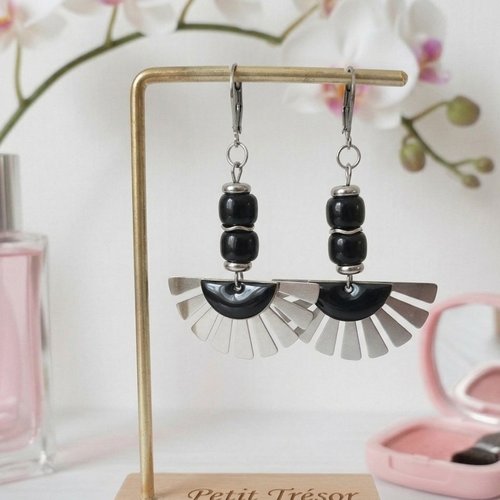 Boucles d'oreilles acier inoxydable et sequin émail noir
