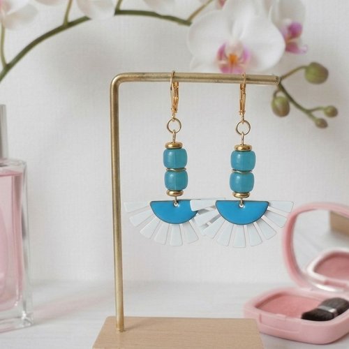 Boucles d'oreilles acier inoxydable doré et sequin émail demi lune
