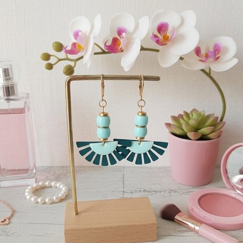 Boucles d'oreilles acier inoxydable doré et sequin émail demi lune