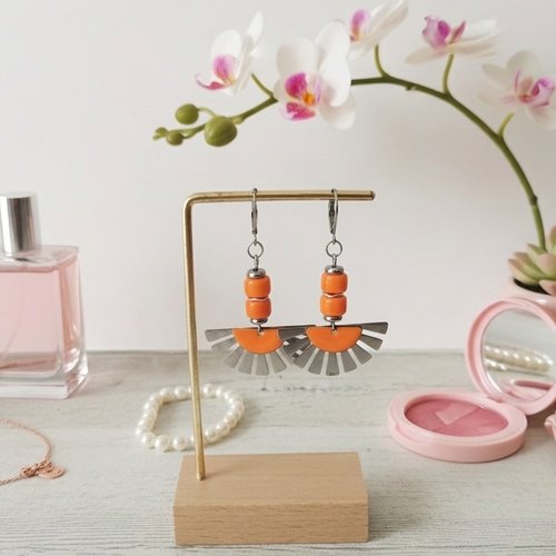 Boucles d'oreilles acier inoxydable et sequin émail orange