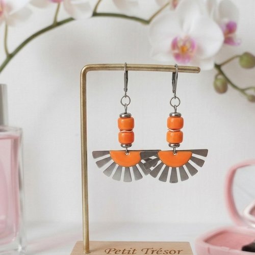 Boucles d'oreilles acier inoxydable et sequin émail orange