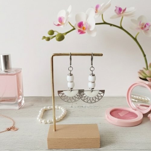 Boucles d'oreilles acier inoxydable et sequin émail blanc