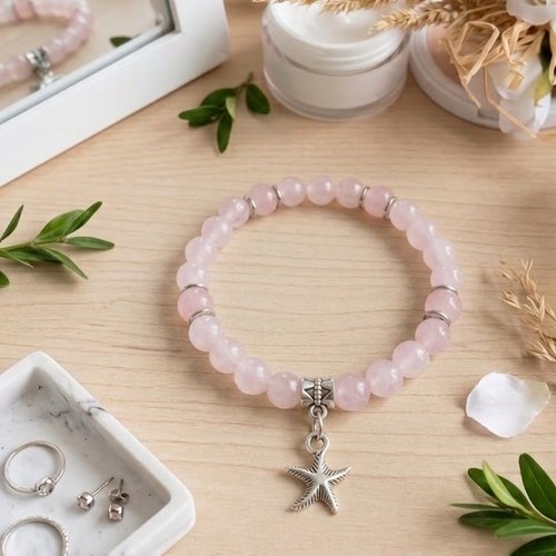 Bracelet fil élastique perles en verre rose et breloque