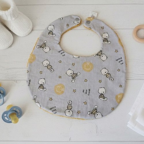 Bavoir bébé coton gris et motif animaux
