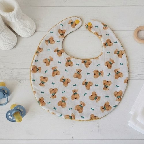 Bavoir bébé coton blanc et motif ours en peluche