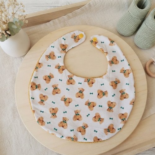 Bavoir bébé coton blanc motifs ours en peluche et éponge moutarde