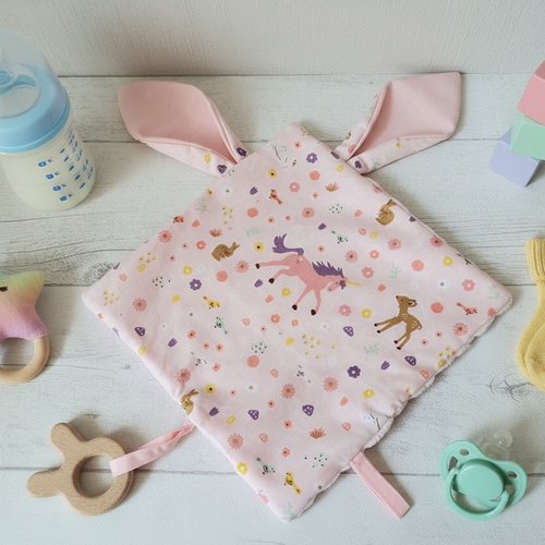 Doudou plat carré coton rose oreilles de lapin