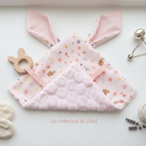 Doudou plat carré coton rose oreilles de lapin