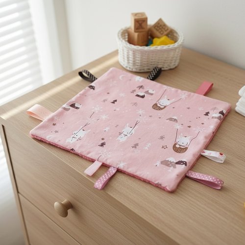 Doudou plat carré coton motifs lapins blancs