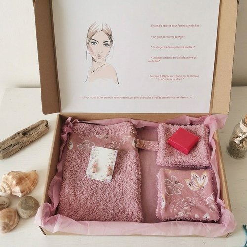 Box gant de toilette et 10 lingettes couleur vieux rose