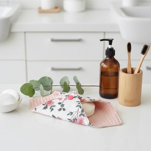 Pochette à savon tissus saumon et motif fleurs