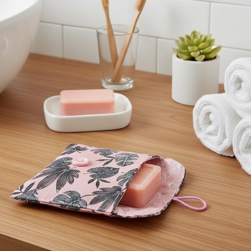 Pochette à savon tissus coton imprimé et enduit rose