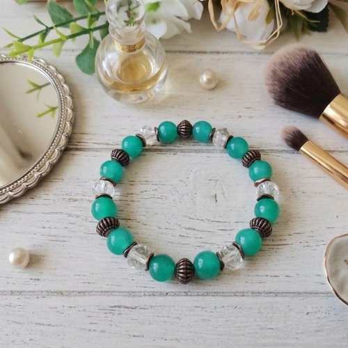 Bracelet fil élastique perles en verre et apprêts cuivre rouge