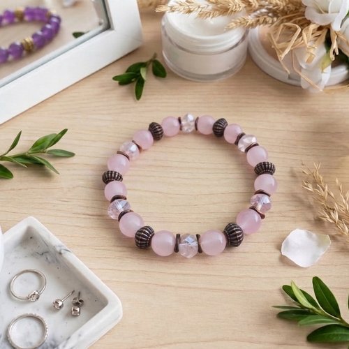 Bracelet fil élastique perles en verre rose et apprêts cuivre rouge