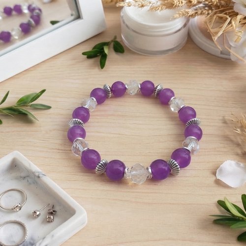 Bracelet fil élastique perles en verre et apprêts argent mat