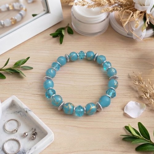 Bracelet fil élastique perles en verre tréfilé doré