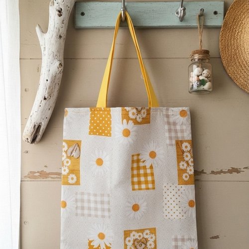 Tote-bag coton beige et motif marguerites